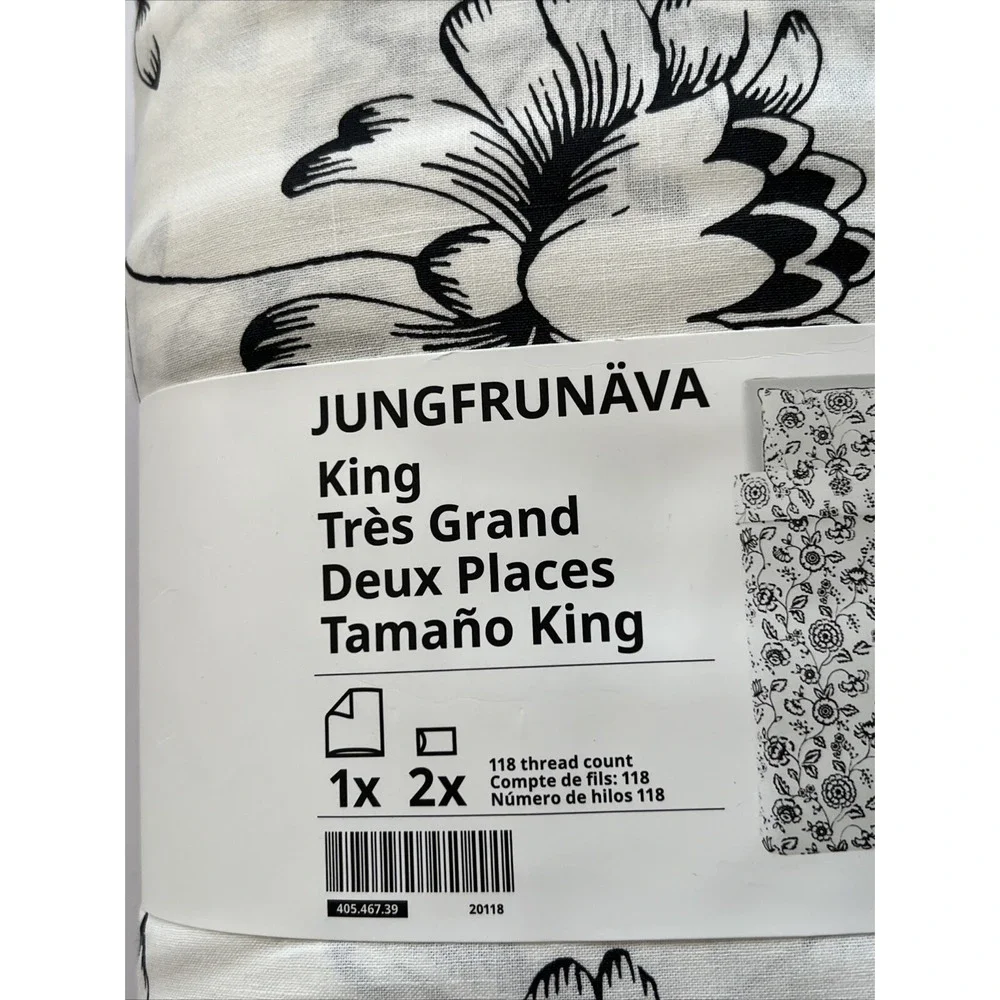 Ikea JUNGFRUNAVA King Duvet Cover + 2 Pillowcases Set White/Gray Floral